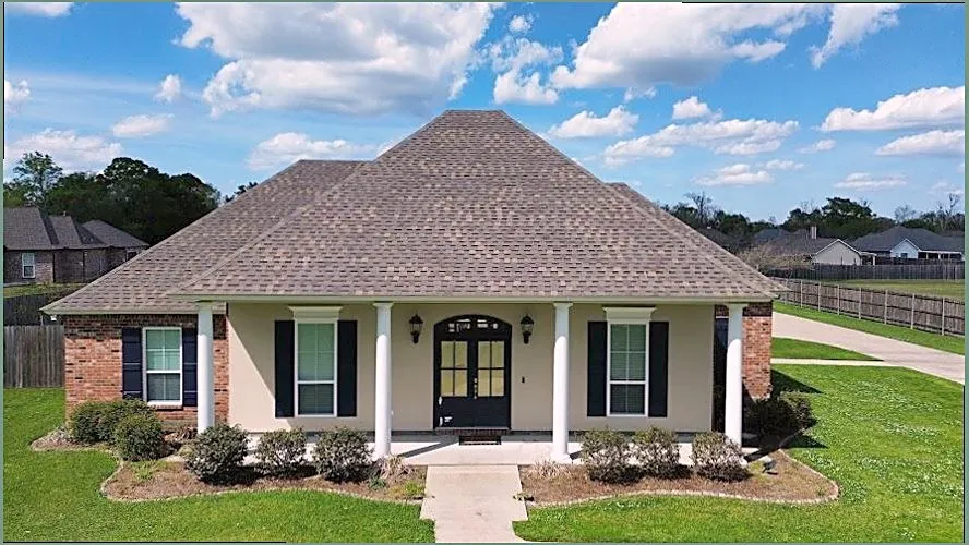 Hip roof on a single-story home, shot from above the front elevation